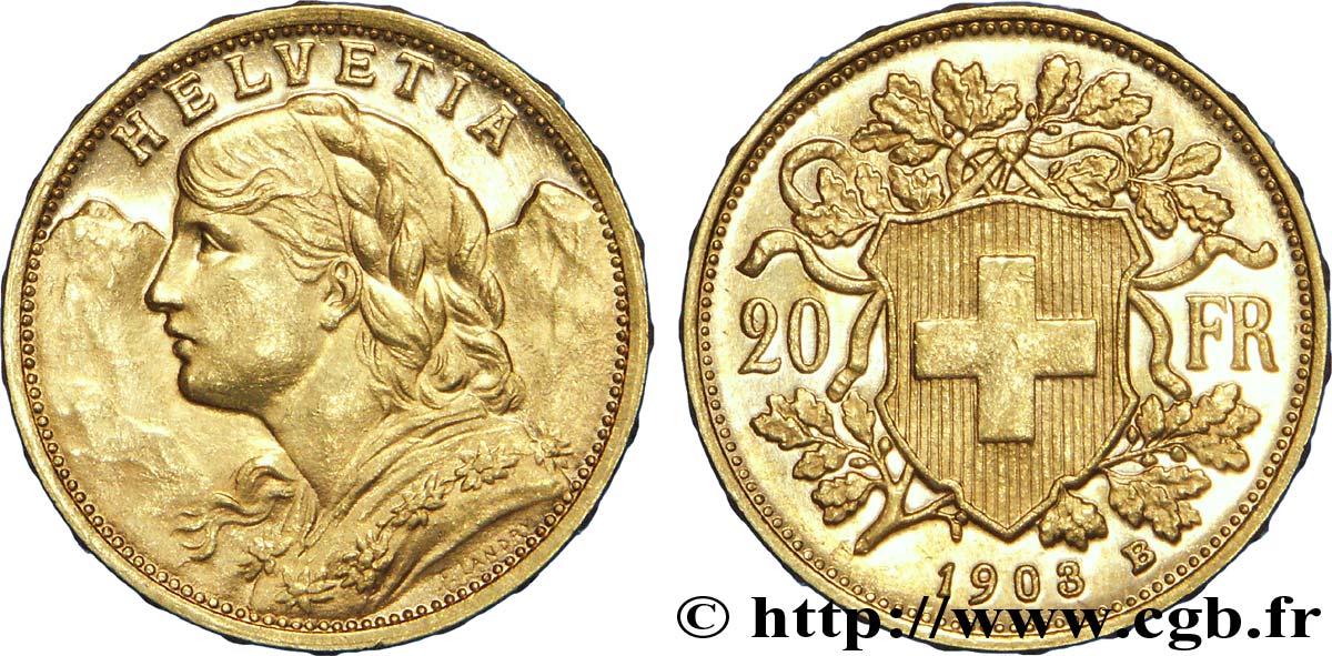 SUISSE 20 Francs or  Vreneli  jeune fille / croix suisse 1903 Berne - B FDC 