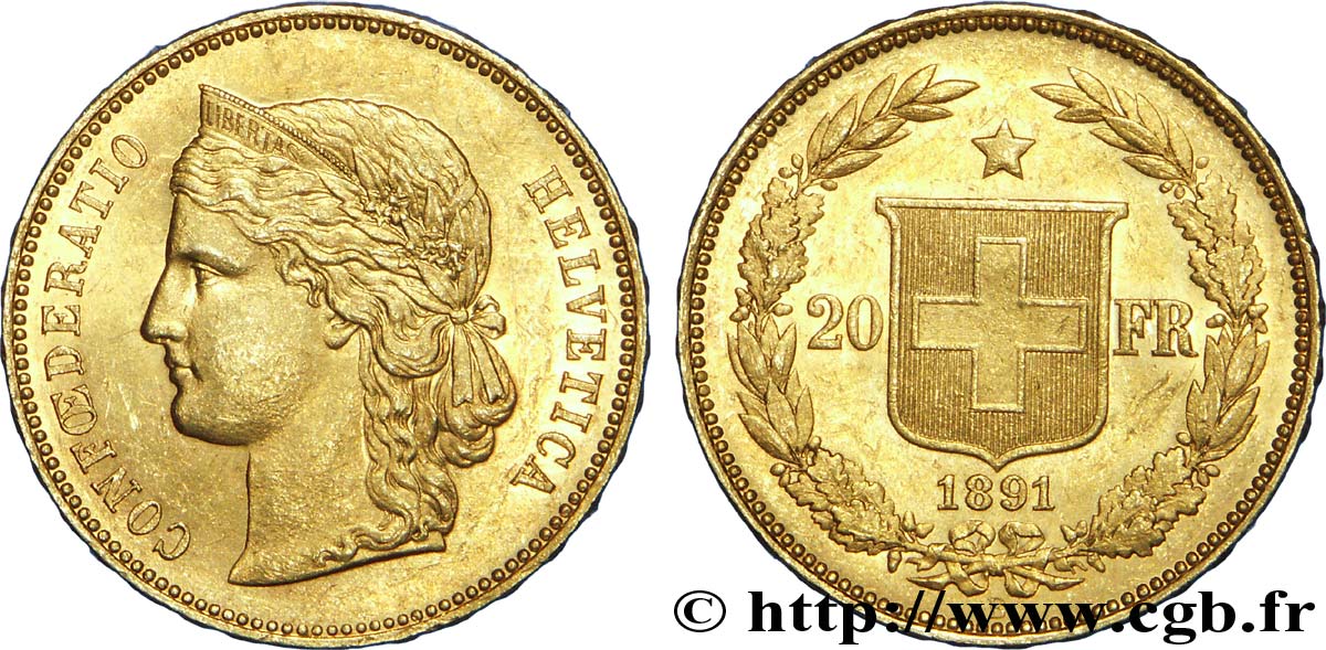 SUISSE 20 Francs or buste diadémé d Helvetia / croix suisse 1891 Berne - B SPL 