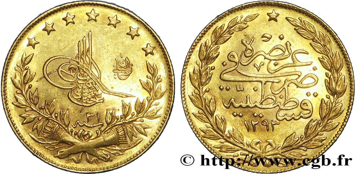 TURQUIE 100 Piastres en or (100 Kurush) SULTAN ABDOUL HAMID II AH 1293, An 31 = 1906 Constantinople SUP 