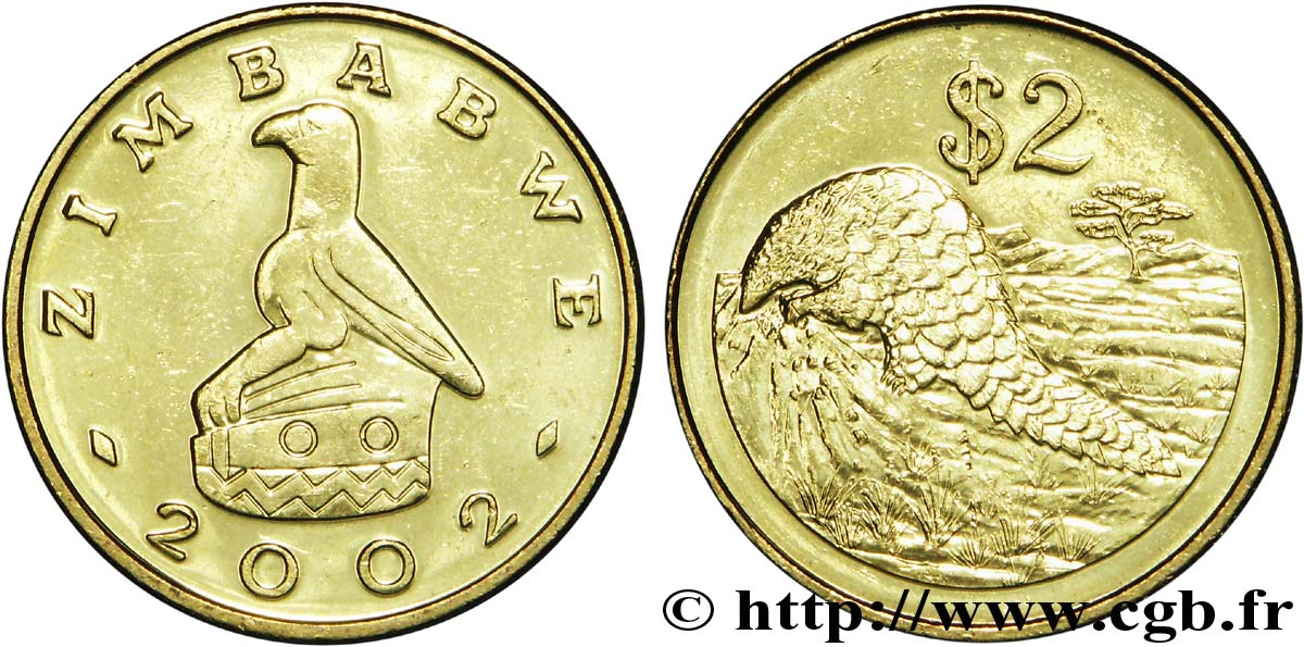 ZIMBABWE 2 Dollars emblème à l’aigle / pangolin 2002  SPL 