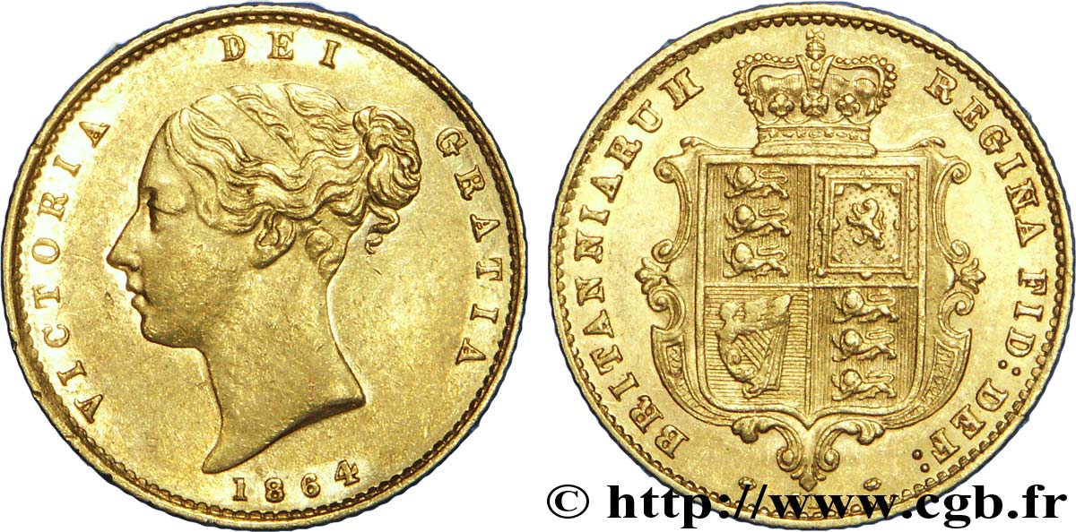 ROYAUME-UNI 1/2 Souverain Victoria buste jeune / blason avec coin numéroté : coin n°31 1864 Londres TTB+ 