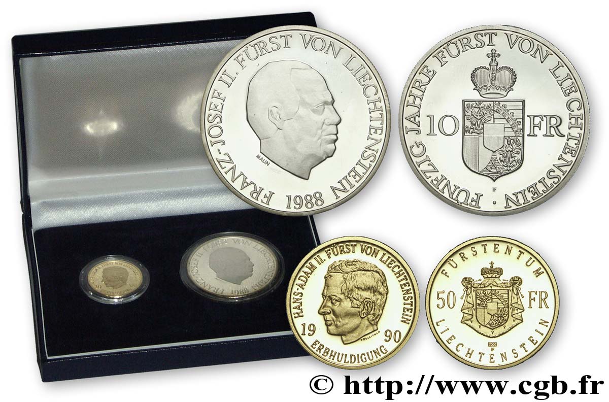LIECHTENSTEIN Coffret 10 Franken Franz Joseph II et 50 Franken Hans Adam II 1988-1990  FDC 