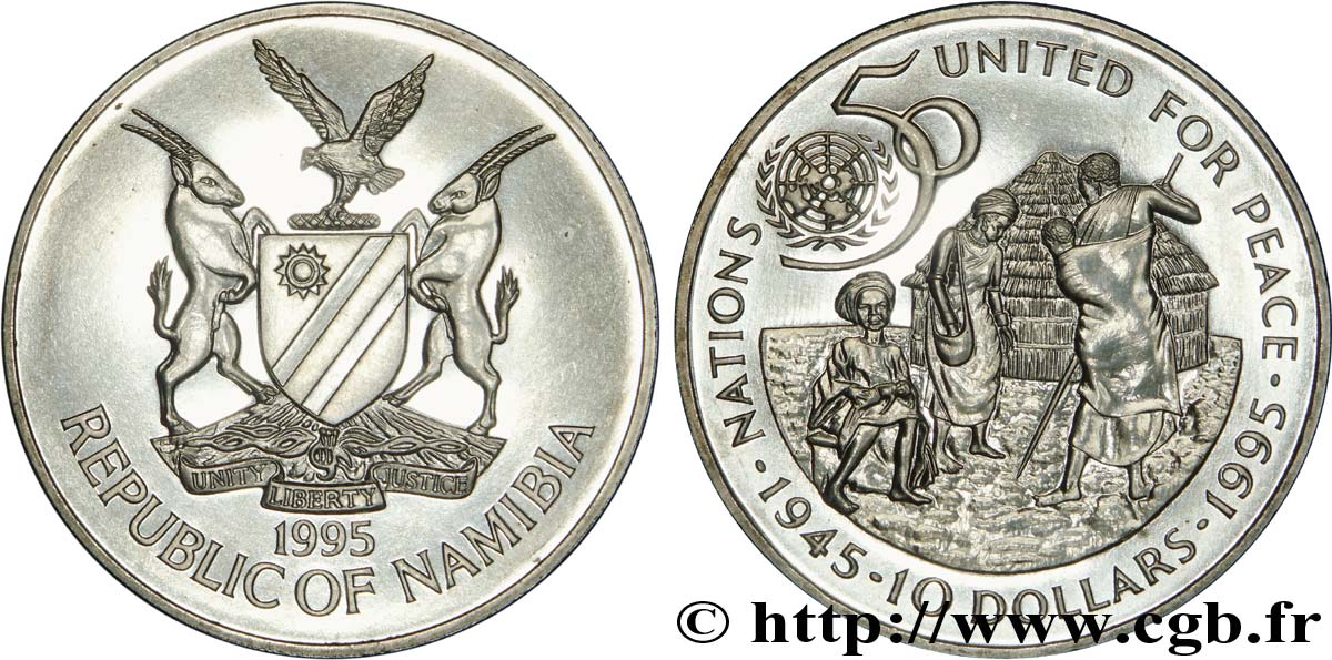 NAMIBIE 10 Dollars 50e anniversaire de l’ONU emblème / paysans africains et logo 1995  SPL 