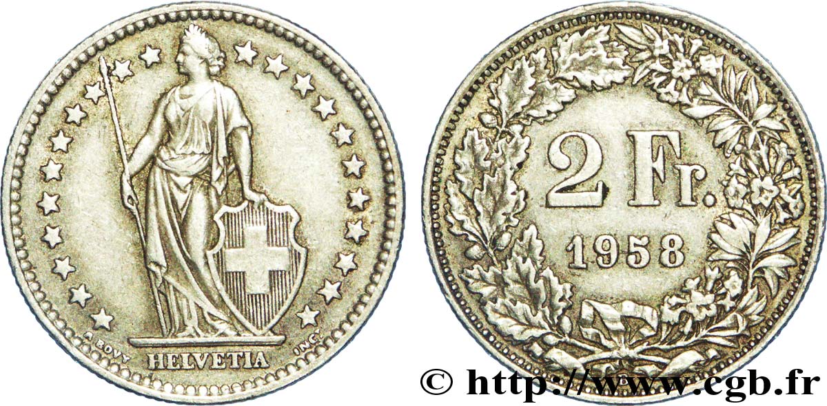 SWITZERLAND 2 Francs Helvetia 1958 Berne AU 