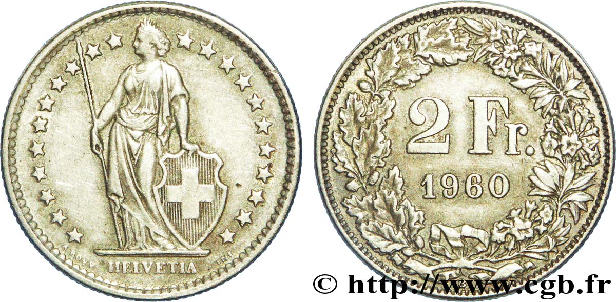 SUISSE 2 Francs Helvetia 1960 Berne - B TTB+ 