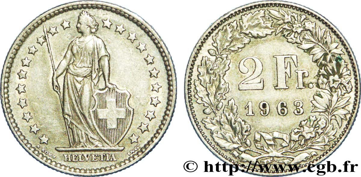 SWITZERLAND 2 Francs Helvetia 1963 Berne - B AU 