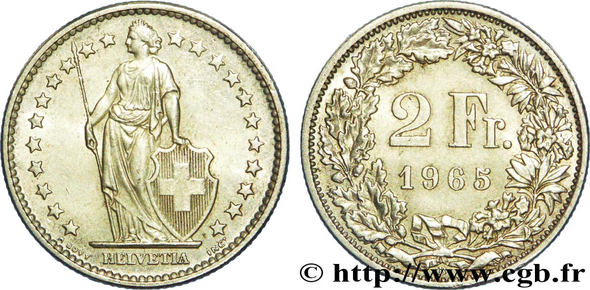 SUISSE 2 Francs Helvetia 1965 Berne - B SUP 