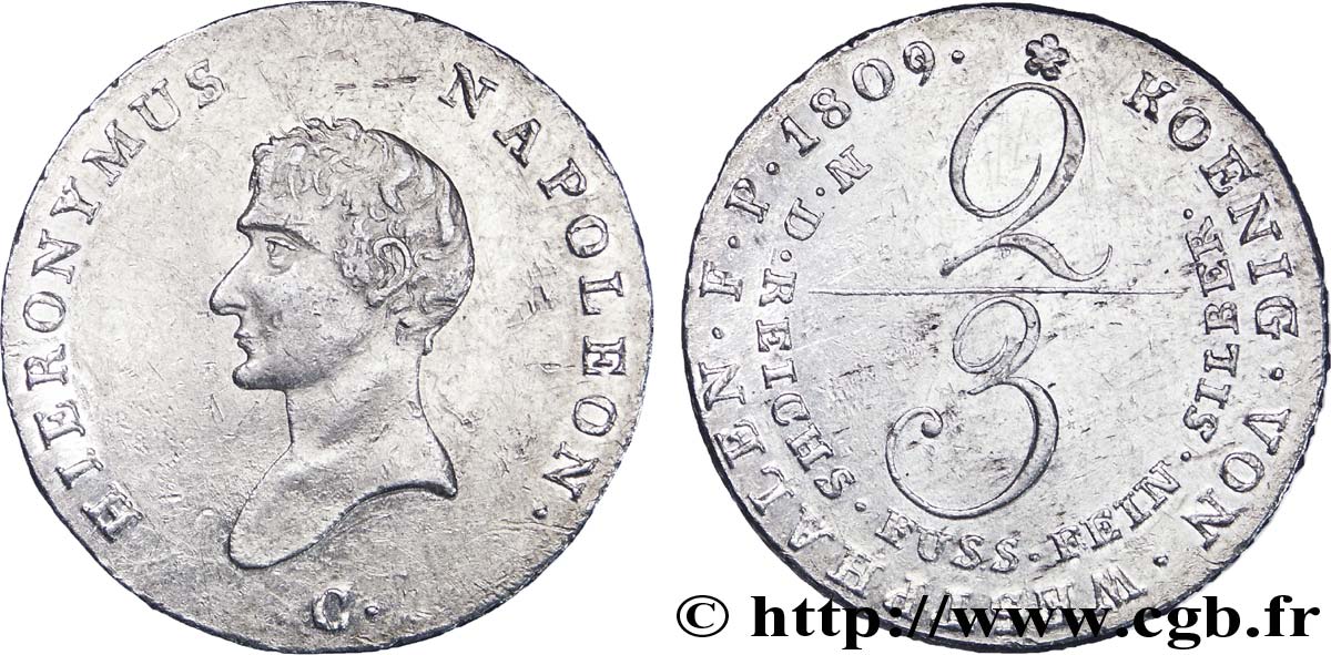 ALLEMAGNE - ROYAUME DE WESTPHALIE 2/3 Thaler, 1er type (Gulden) Jérôme Napoléon 1809 Clausthal SUP55 