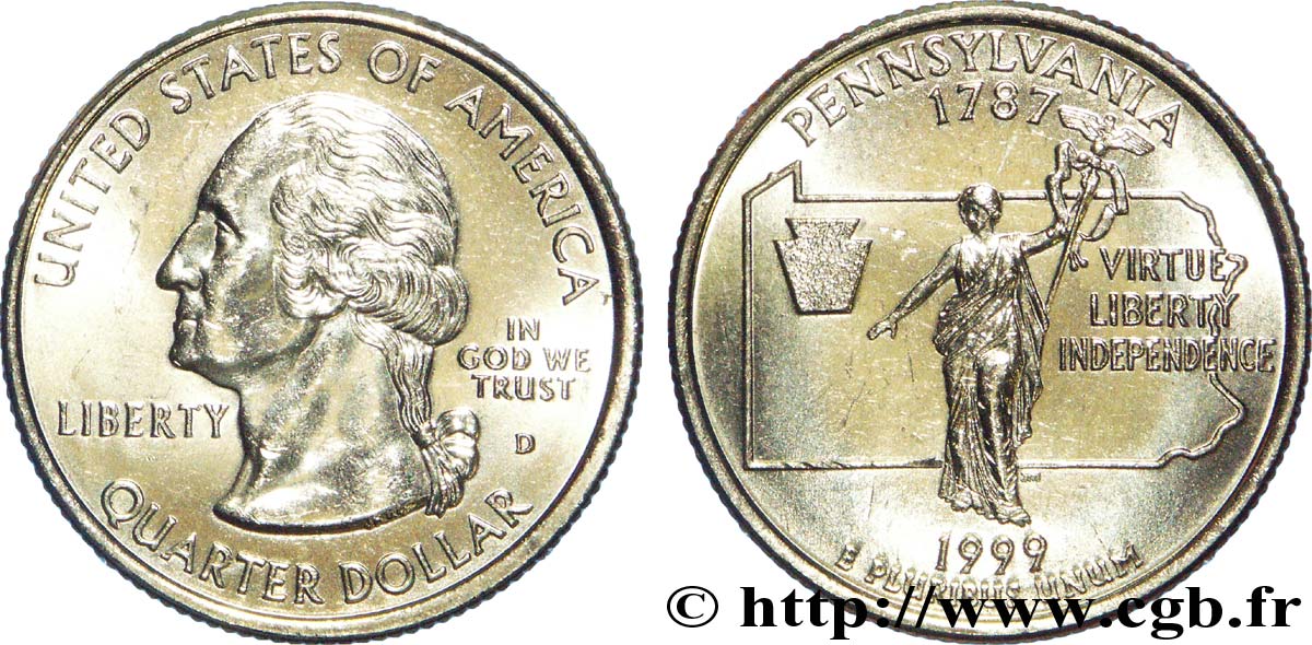 UNITED STATES OF AMERICA 1/4 Dollar Pennsylvanie : statue  Commonwealth  1999 Denver MS 
