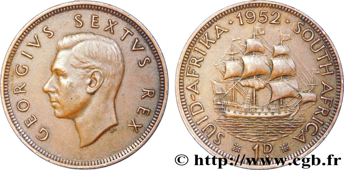 AFRIQUE DU SUD 1 Penny Georges VI / voilier 1952  TTB 