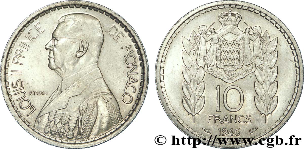 MONACO 10 Francs Louis II / manteau d’armes couronné 1946 Paris SUP 