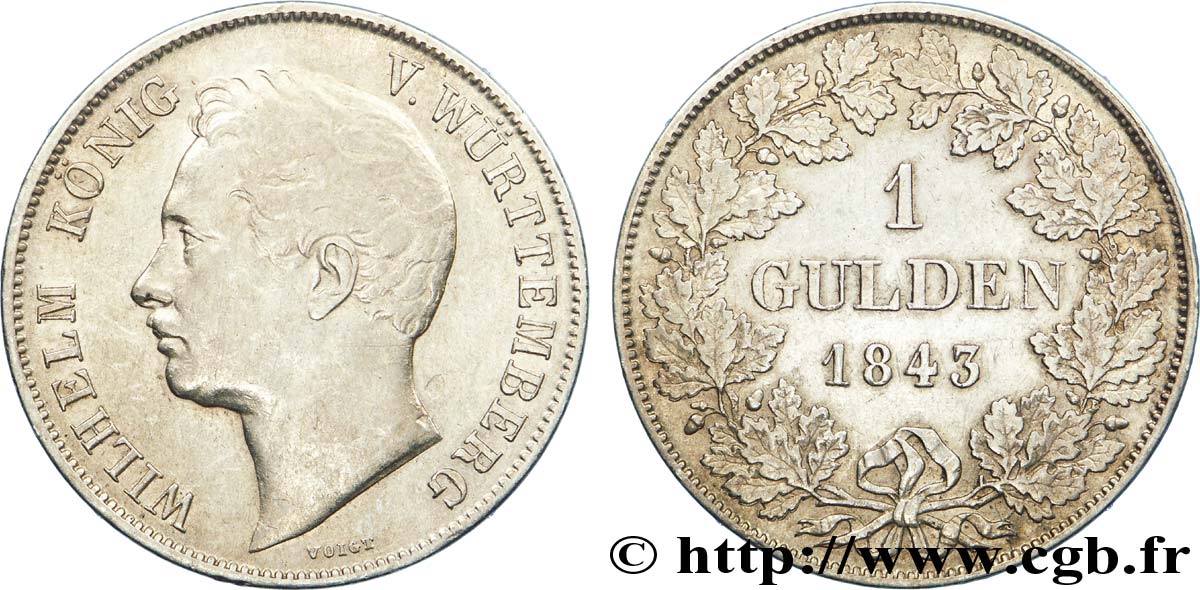 ALLEMAGNE - WURTEMBERG 1 Gulden Guillaume roi du Wurtemberg 1843 Stuttgart TTB 