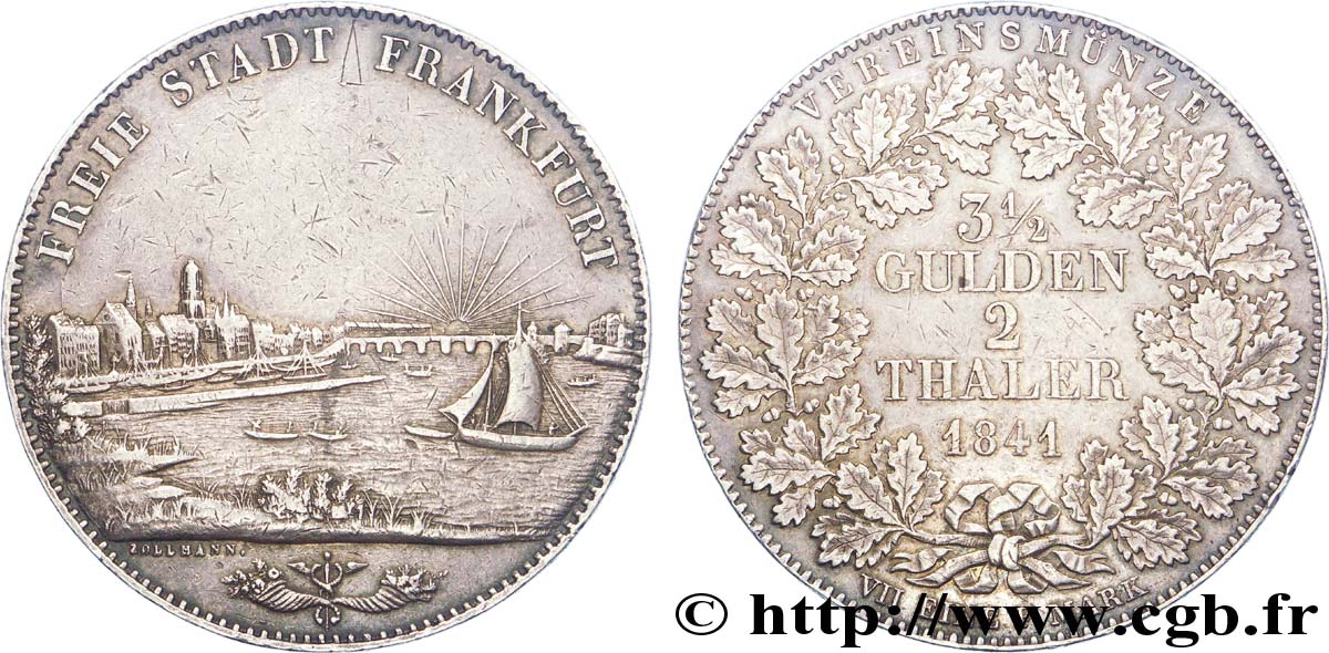 ALLEMAGNE - VILLE LIBRE DE FRANCFORT 3 1/2 Gulden 2 Thaler vue de Francfort et du Main 1841  TTB 