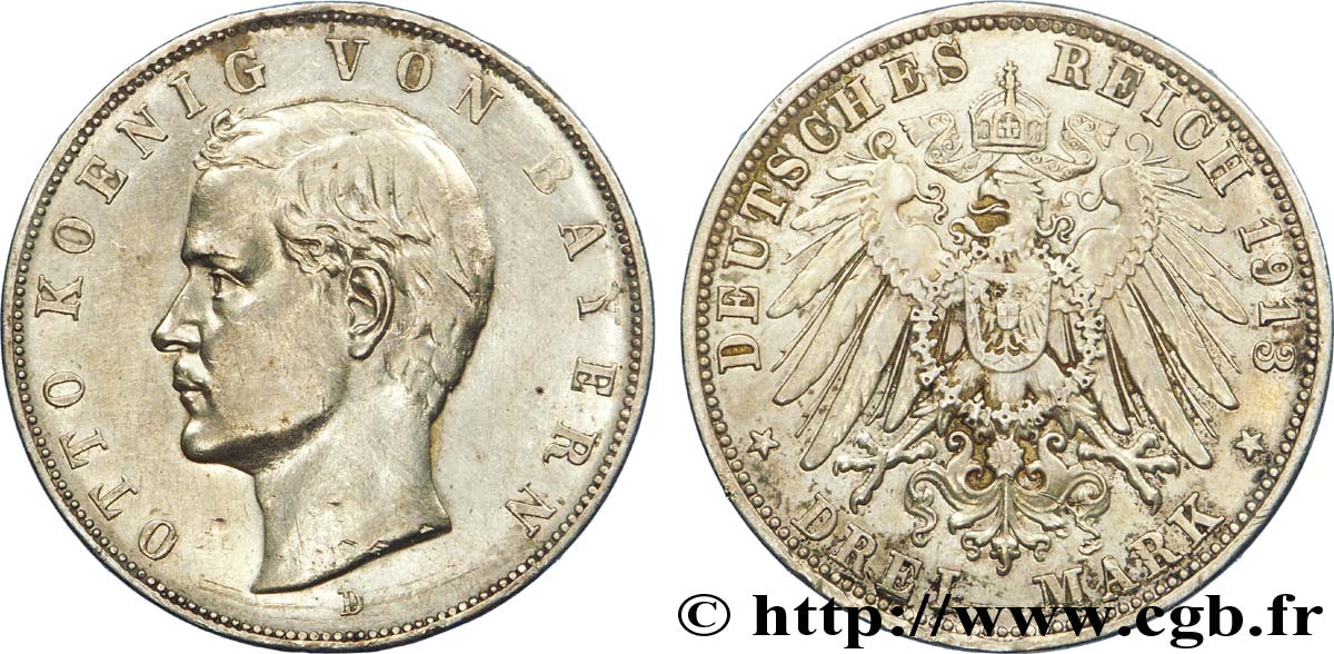 ALLEMAGNE - BAVIÈRE 3 Mark Othon roi de Bavière / aigle impérial héraldique 1913 Munich - D TTB 