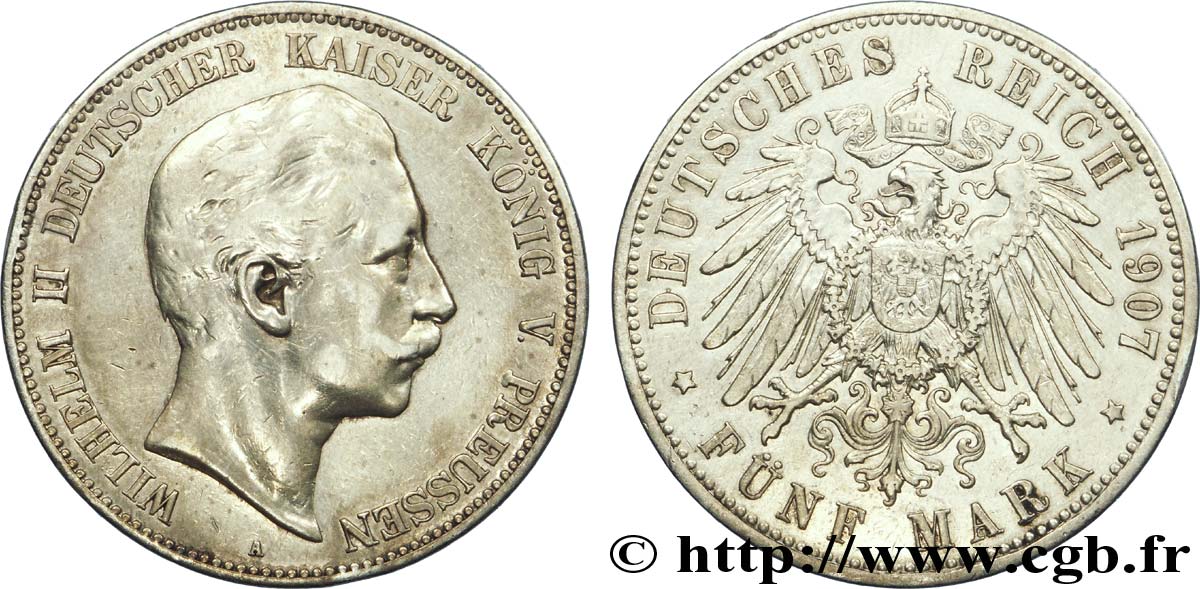 ALLEMAGNE - PRUSSE 5 Mark Guillaume II / aigle 1907 Berlin TB 