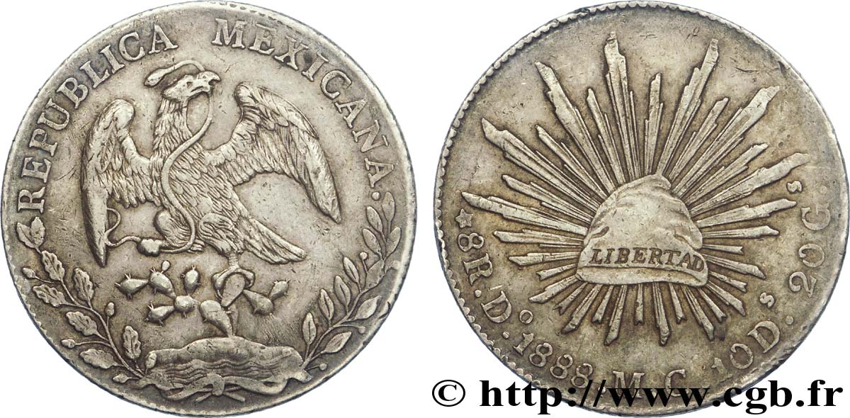 MEXIQUE 8 Reales Aigle / bonnet phrygien sur soleil 1888 Durango - D° TTB 
