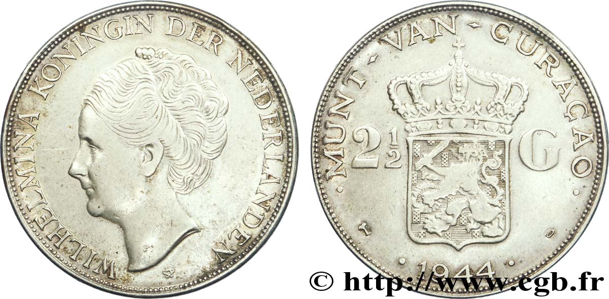 CURACAO 2 1/2 Gulden reine Wilhelmina des Pays Bas 1944 Denver - D TTB 