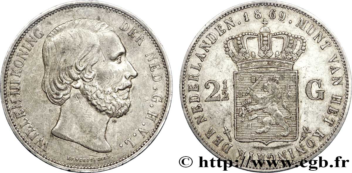 PAYS-BAS 2 1/2 Gulden Guillaume III 1869 Utrecht TTB 