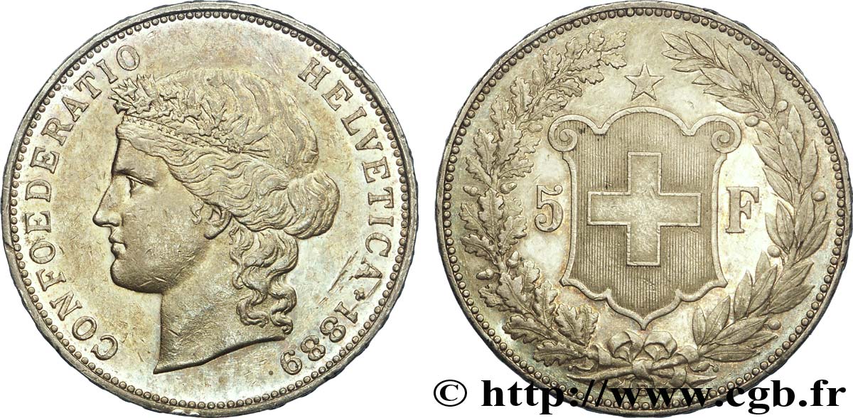 SUISSE 5 Francs Helvetia buste 1889 Berne - B TTB+ 