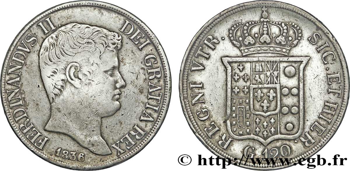 ITALIE - ROYAUME DES DEUX-SICILES 120 Grana Ferdinand II, roi de Naples et Sicile 1836 Naples TTB 