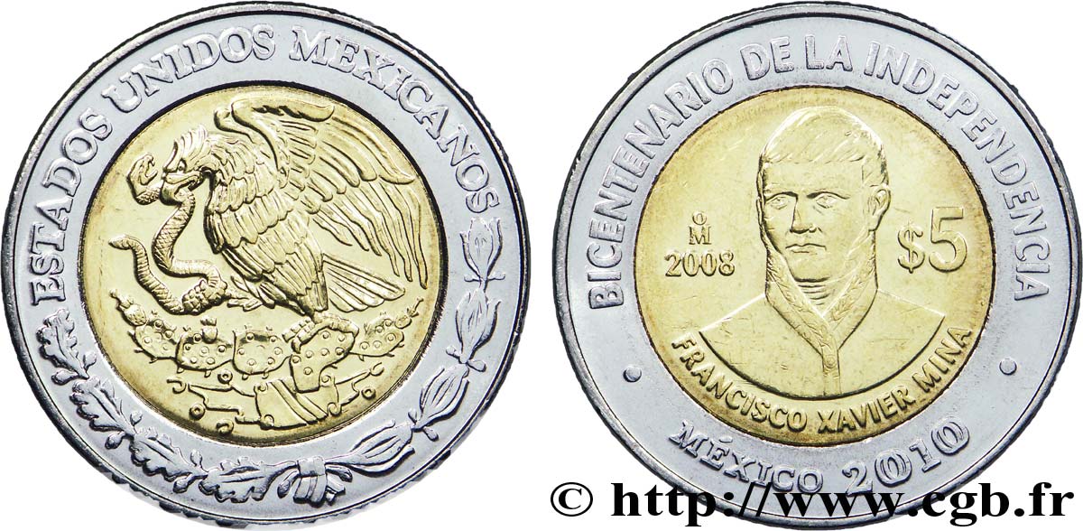 MEXICO 5 Pesos Bicentenaire de l’Indépendance : aigle / Francisco Javier Mina 2008 Mexico AU 