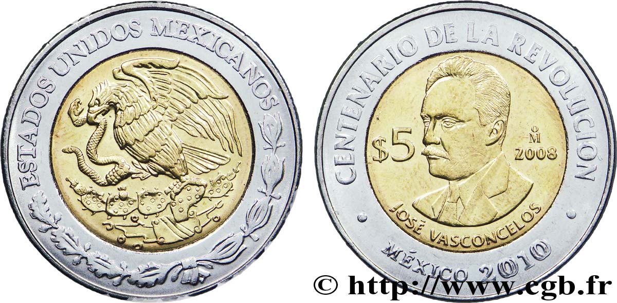 MEXICO 5 Pesos Centenaire de la Révolution : aigle / José Vasconcelos 2008 Mexico AU 