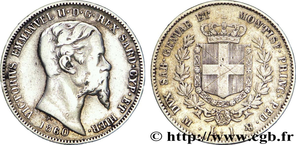 ITALIE - ROYAUME DE SARDAIGNE 1 Lire Victor Emmanuel II roi de Sardaigne 1860 Milan TB 