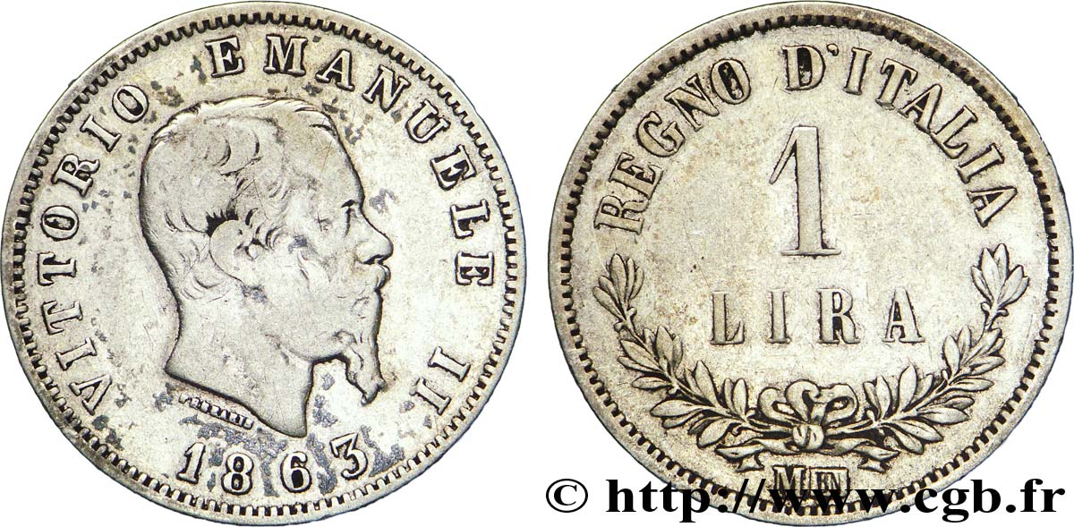 ITALIE 1 Lire Victor Emmanuel II 1863 Milan - M TB 