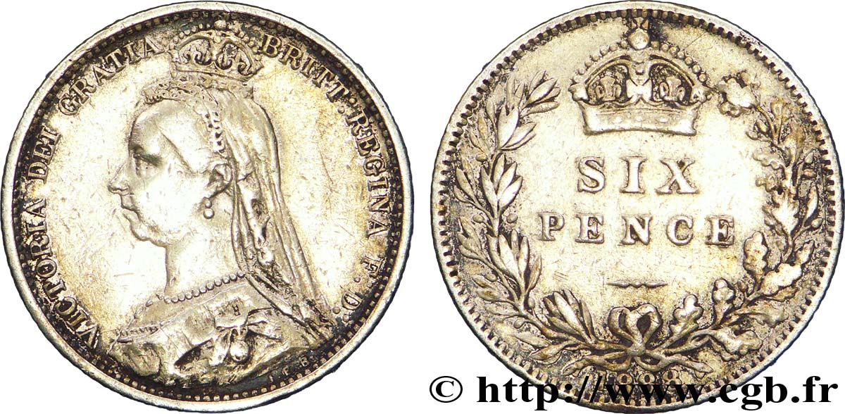 ROYAUME-UNI 6 Pence Victoria couronné / blason 1888  TTB 