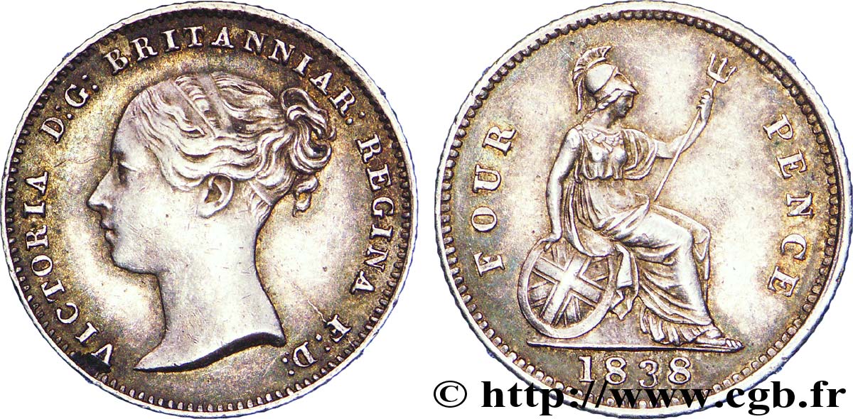 ROYAUME-UNI 4 Pence ou groat Victoria / Brittania assise 1838 Londres SUP 