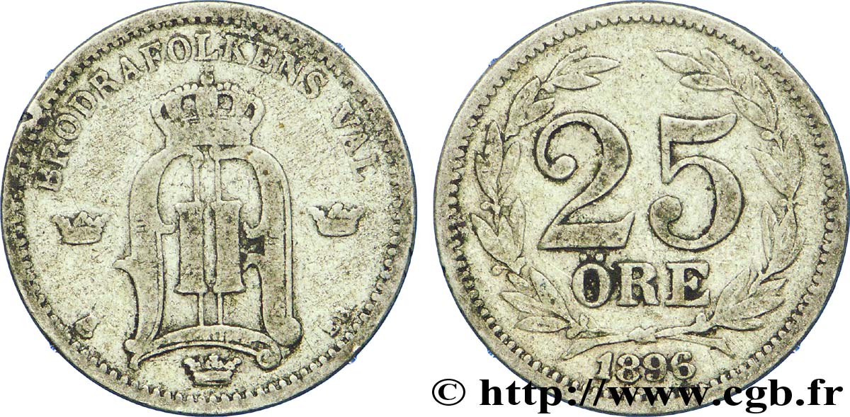 SUÈDE 25 Ore monogramme d’Oscar II de Suède et de Norvège, type à grand “25” 1896  TB+ 