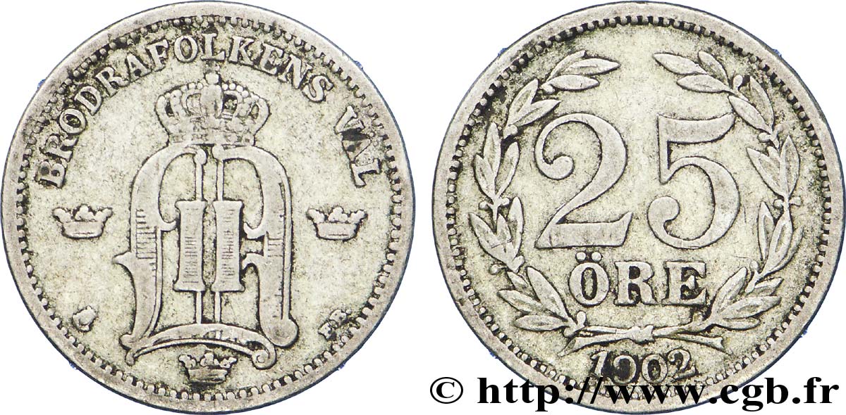 SUÈDE 25 Ore monogramme d’Oscar II de Suède et de Norvège, type à grand “25” 1902  TB+ 