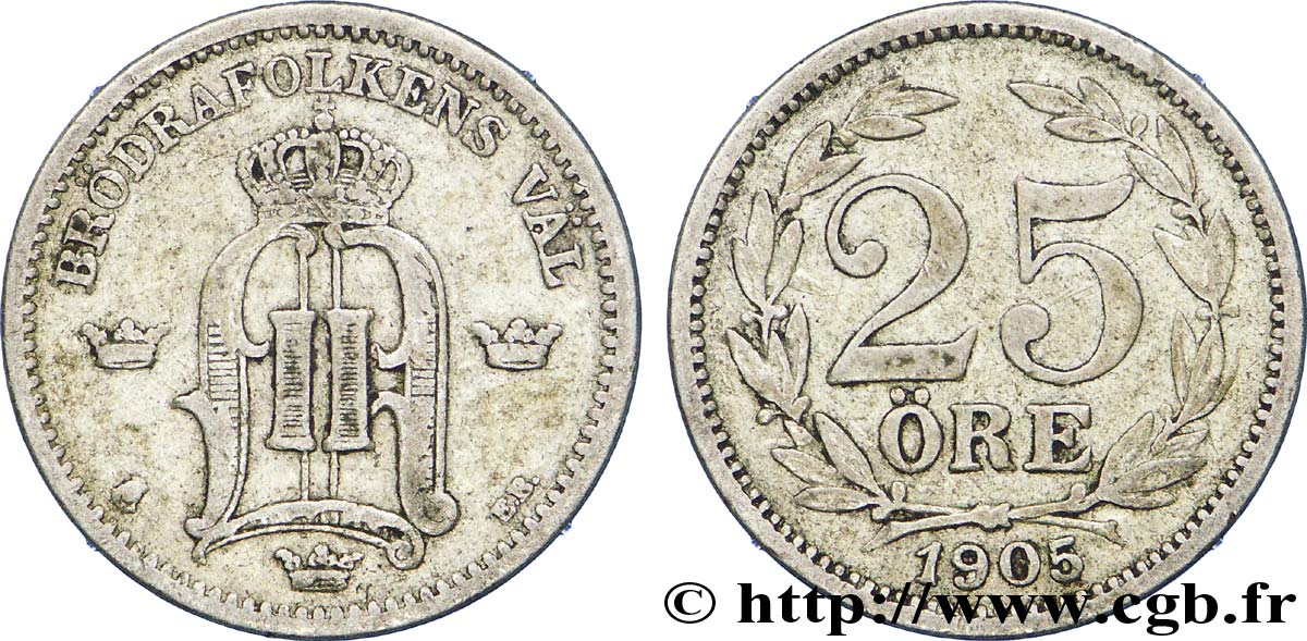 SUÈDE 25 Ore monogramme d’Oscar II de Suède et de Norvège, type à grand “25” 1905  TTB 