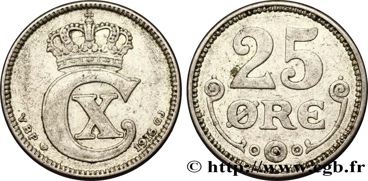 DENMARK 25 Ore monogramme de Christian X roi du Danemark 1916 Copenhague XF 