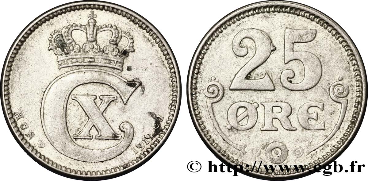 DÄNEMARK 25 Ore monogramme de Christian X roi du Danemark 1919 Copenhague SS 
