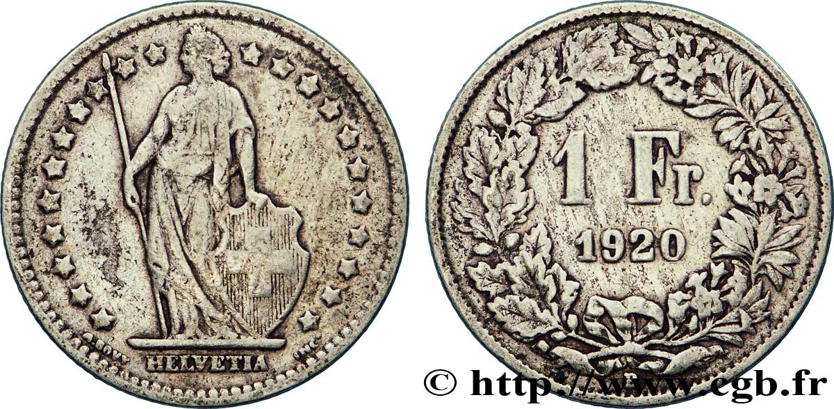 SWITZERLAND 1 Franc Helvetia 1920 Berne VF 