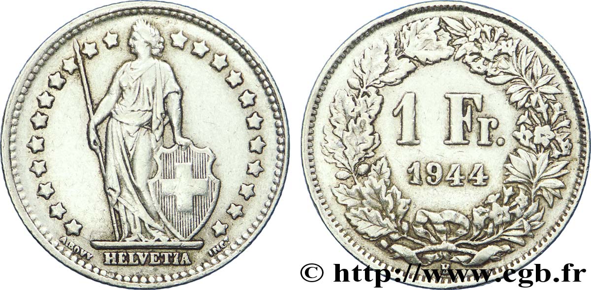 SWITZERLAND 1 Franc Helvetia 1944 Berne XF 