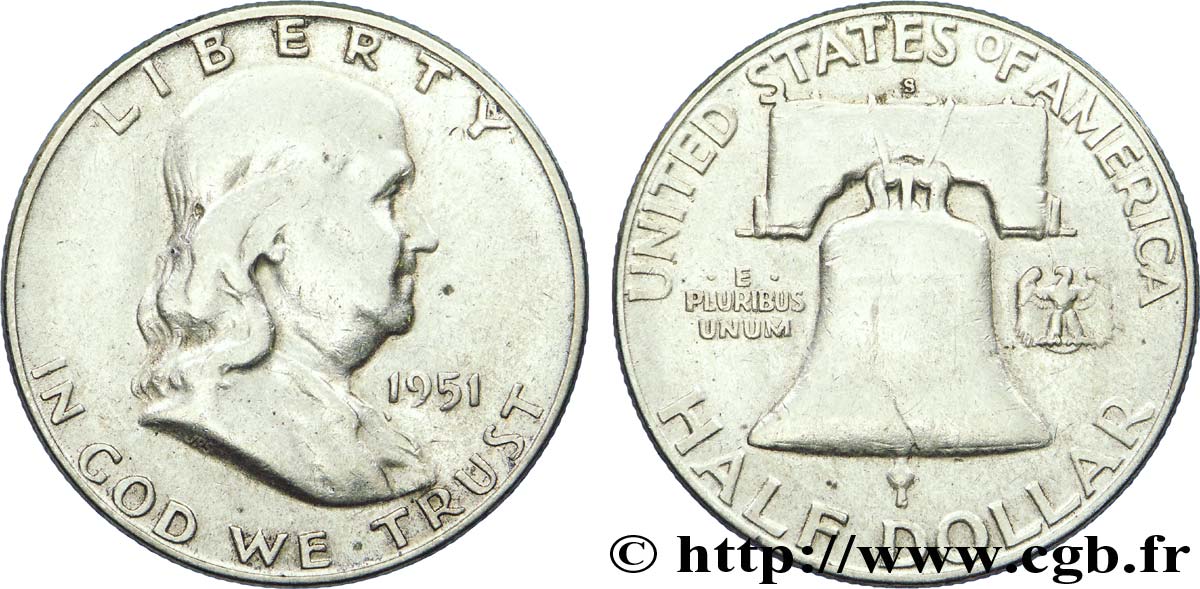 ÉTATS-UNIS D AMÉRIQUE 1/2 Dollar Benjamin Franklin 1951 San Francisco TB 