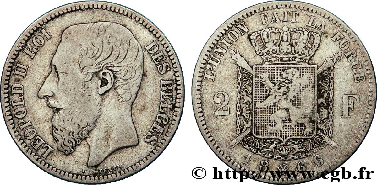 BELGIQUE 2 Francs Léopold II légende française 1866  TB+ 