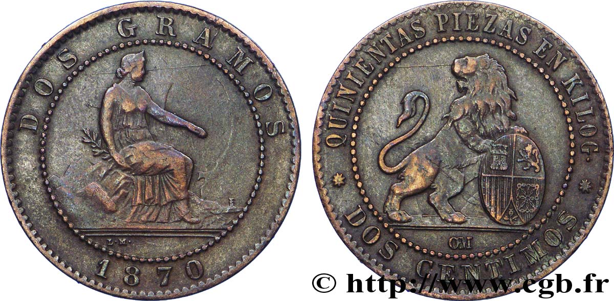 ESPAGNE 2 Centimos monnayage provisoire 1870 Oeschger Mesdach & CO TTB+ 