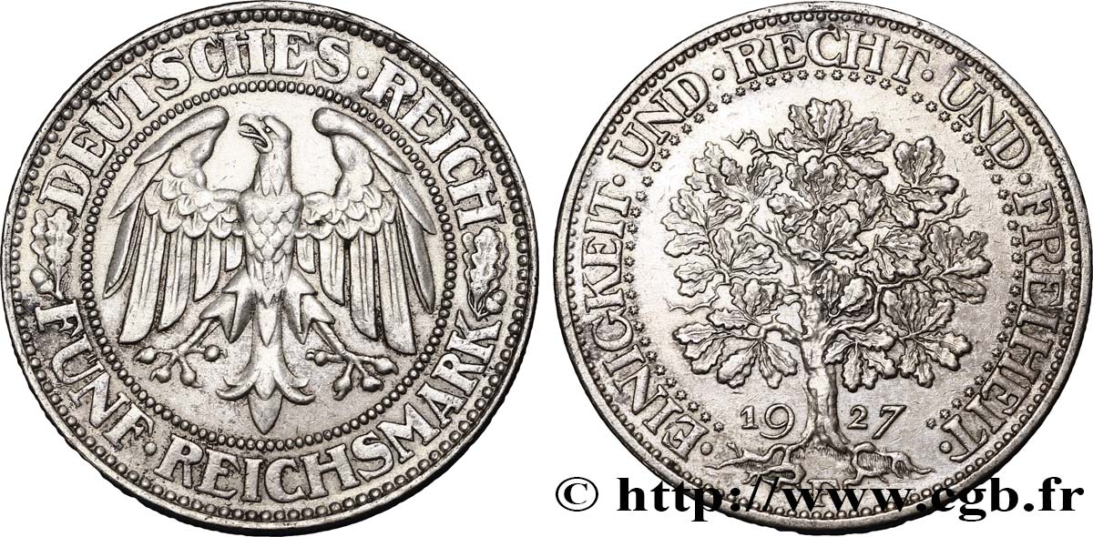 ALLEMAGNE 5 Reichsmark aigle / chêne 1927 Stuttgart - F TTB+ 