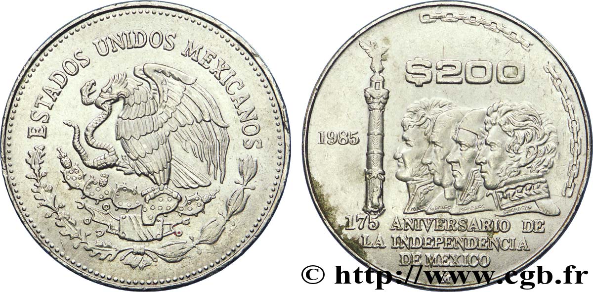 MEXIQUE 200 Pesos 175e anniversaire de l’indépendance : aigle / colonne El Ángel et héros de l’indépendance 1985  SUP 