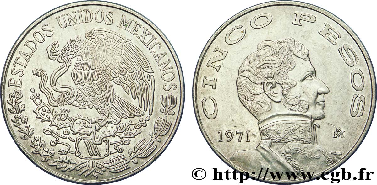 MEXIQUE 5 Pesos aigle mexicain / Vicente Guerrero 1971 Mexico SUP 