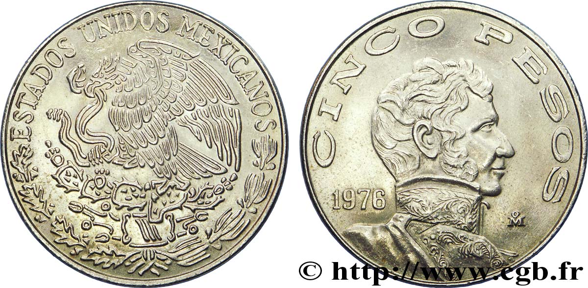 MEXICO 5 Pesos aigle mexicain / Vicente Guerrero variété à grande date 1976 Mexico AU 