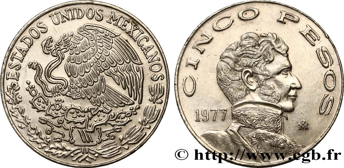 MEXICO 5 Pesos aigle mexicain / Vicente Guerrero variété à grande date 1977 Mexico AU 