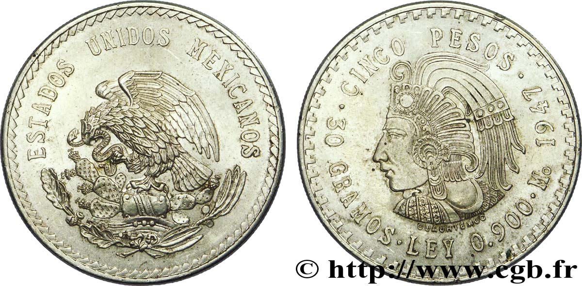 MEXIQUE 5 Pesos Aigle / buste de Cuauhtemoc 1947 Mexico SUP 