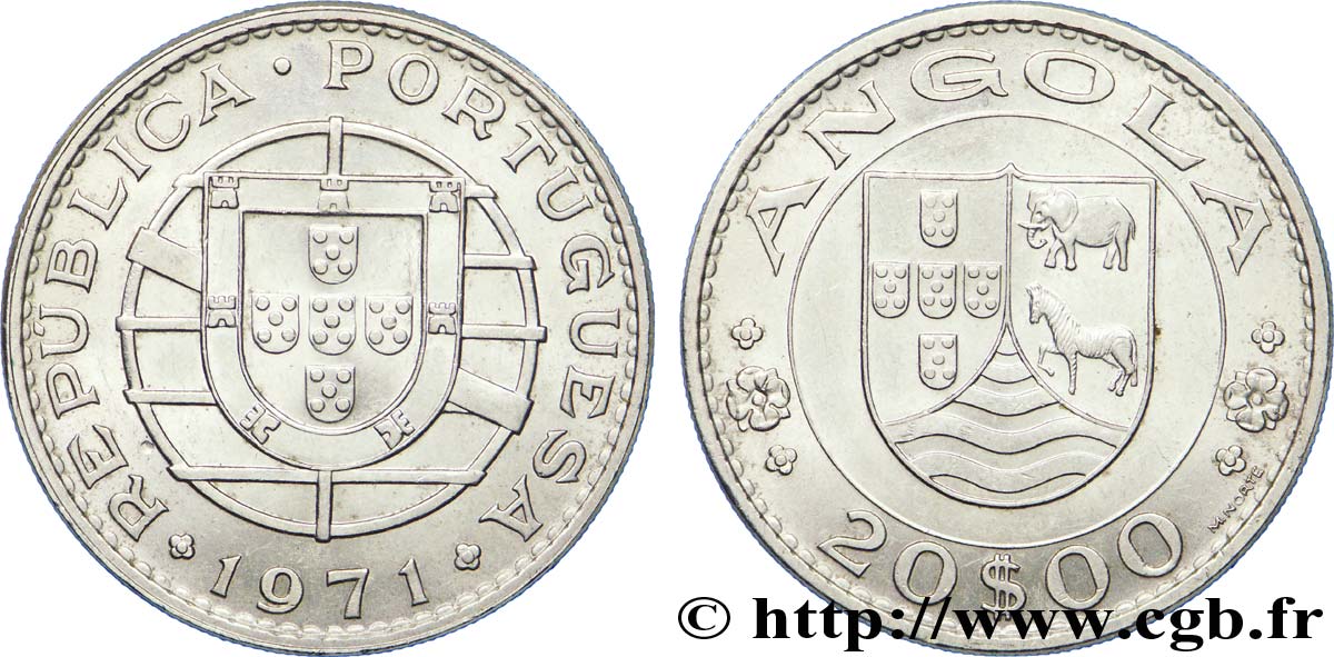 ANGOLA 20 Escudos monnayage colonial Portugais 1971  SUP 