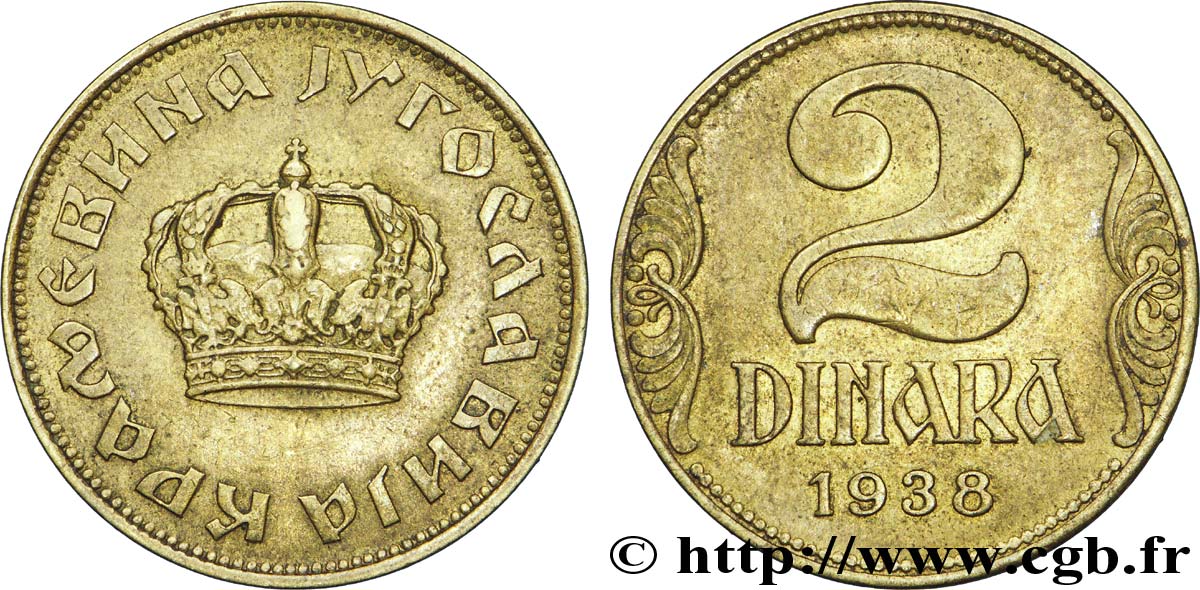 YOUGOSLAVIE 2 Dinara couronne 1938  TTB+ 