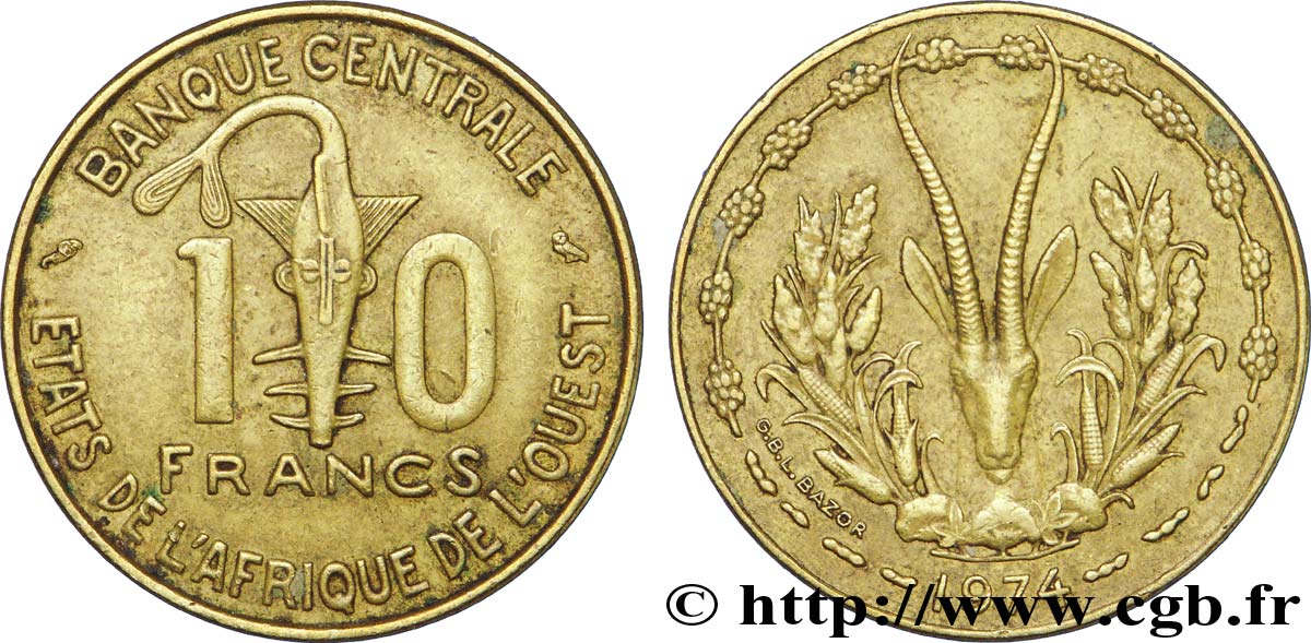 ÉTATS DE L AFRIQUE DE L OUEST (BCEAO) 10 Francs BCEAO masque / antilope 1974 Paris TTB 