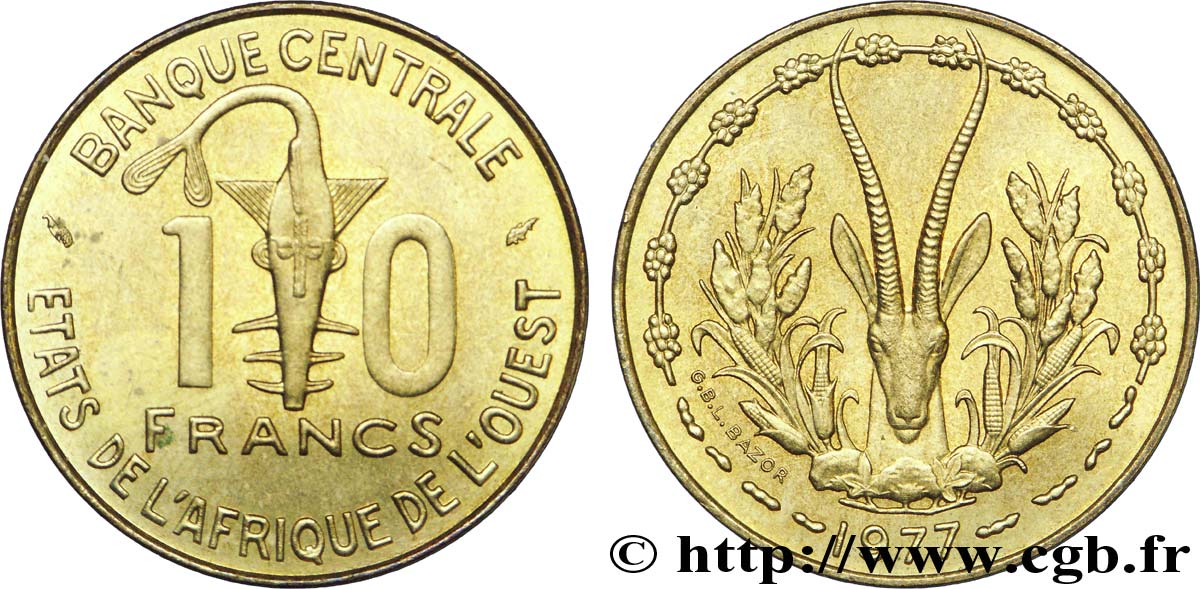 ÉTATS DE L AFRIQUE DE L OUEST (BCEAO) 10 Francs BCEAO masque / antilope 1977 Paris SUP 